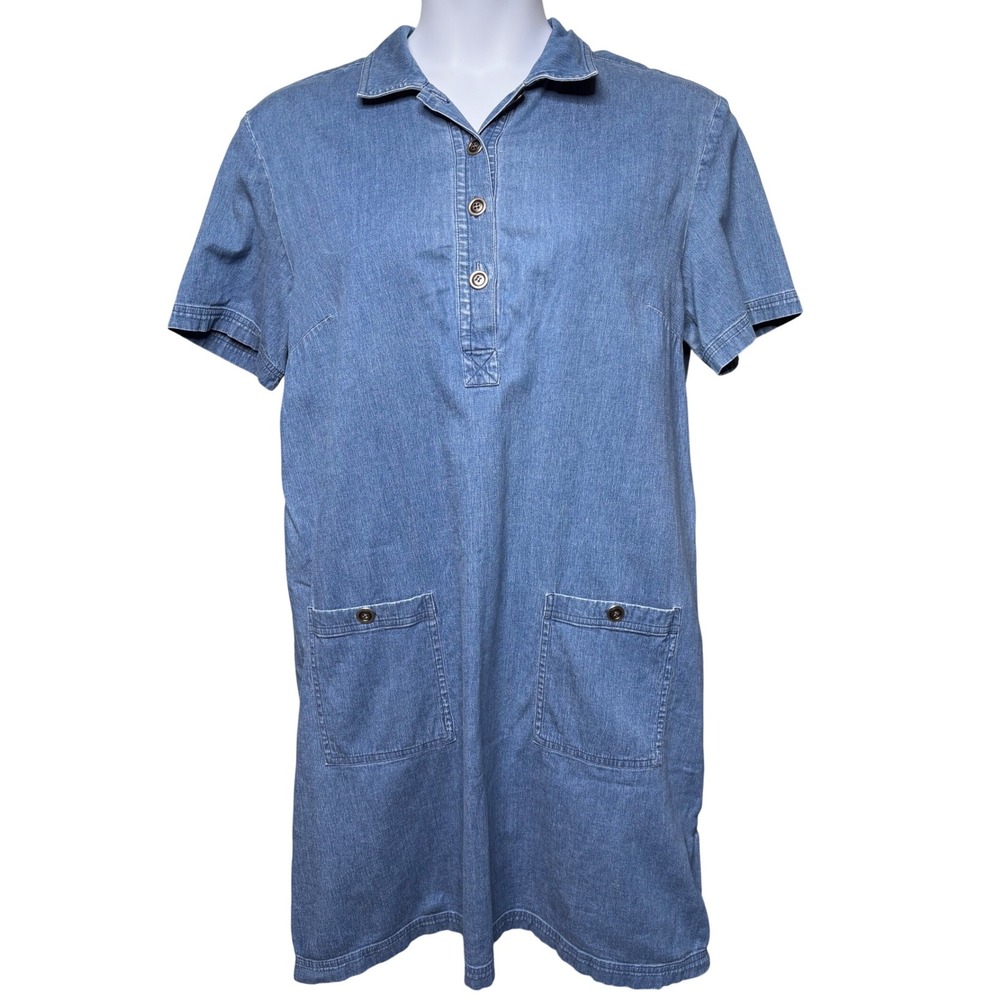 TALBOTS Womens Blue Denim Short Sleeve Shift Dress w/Pockets 14 Henley Classic